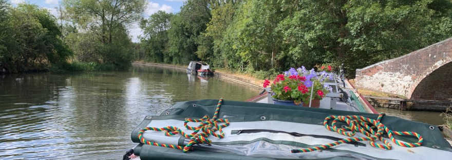 narrowboat with pot plants on its roof and calm canal waters in background on sunny day